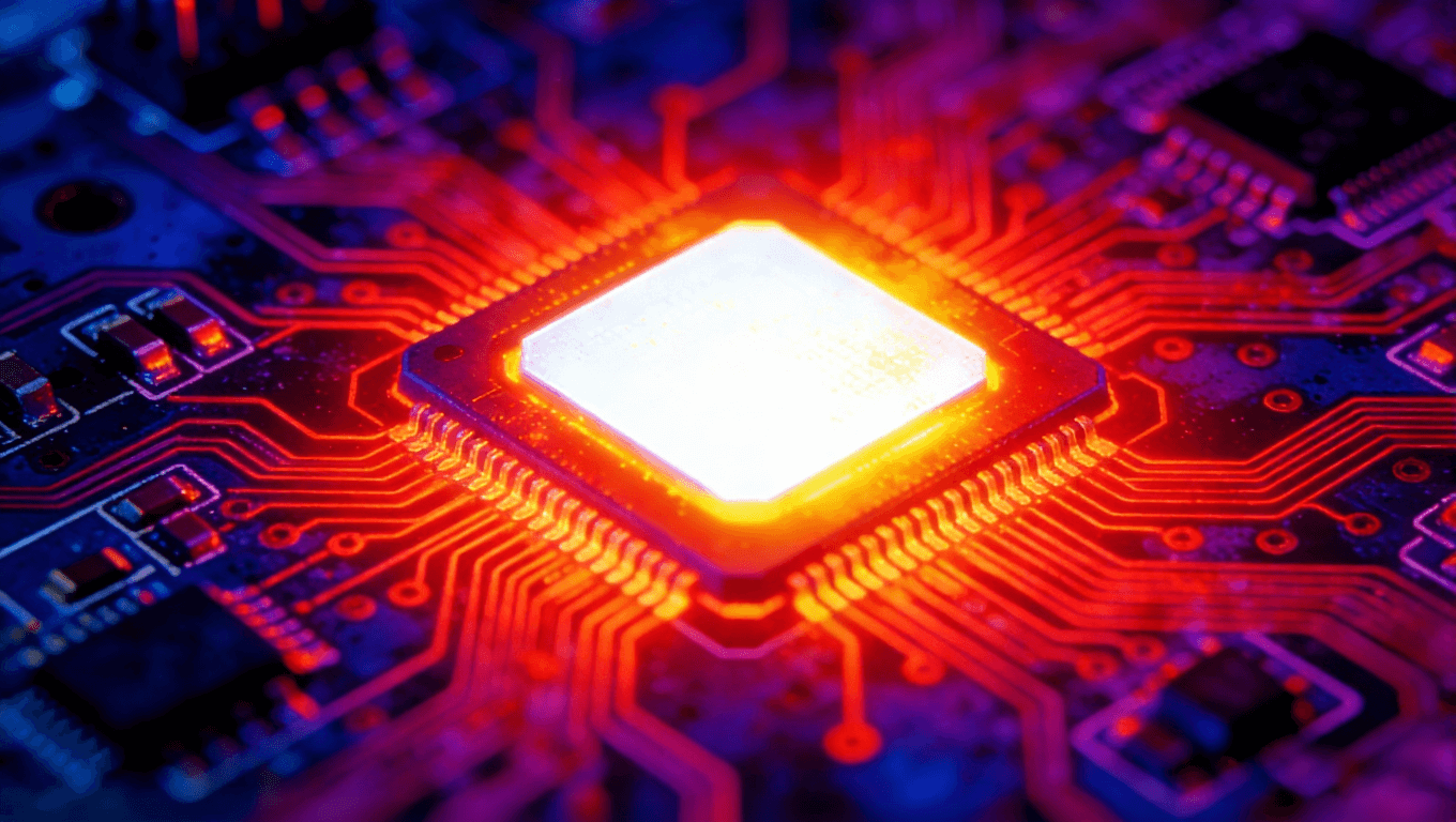 热成像艺术效果图，PCB上LED芯片过热，核心亮白，热量呈紊乱红色辐射状扩散