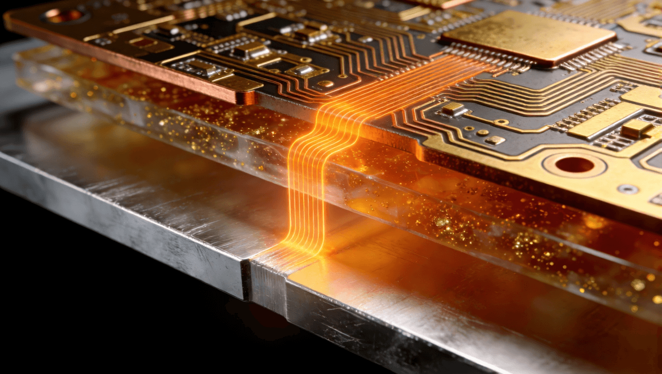 铝基板三明治结构3D截面渲染，清晰展示铝层、绝缘层、电路层及穿透的橙色热流