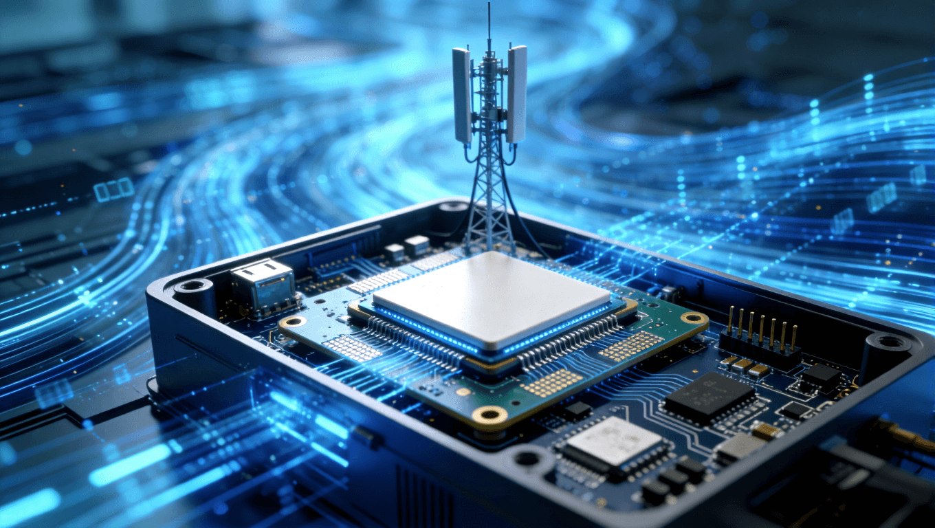 5G射频模块中使用陶瓷基板的科技场景示意图，突出高频高速应用