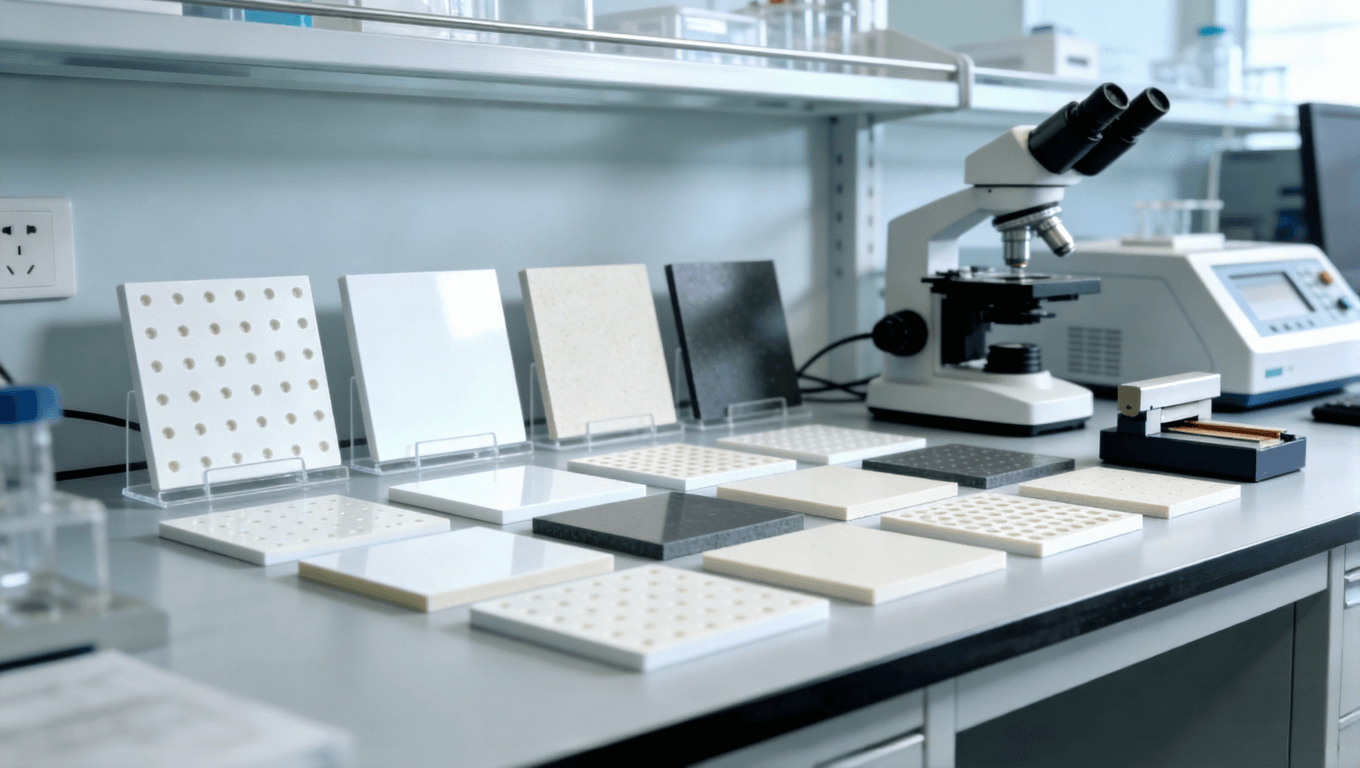 陶瓷基板样品与检测设备陈列图，展现材料对比与质量管控环节