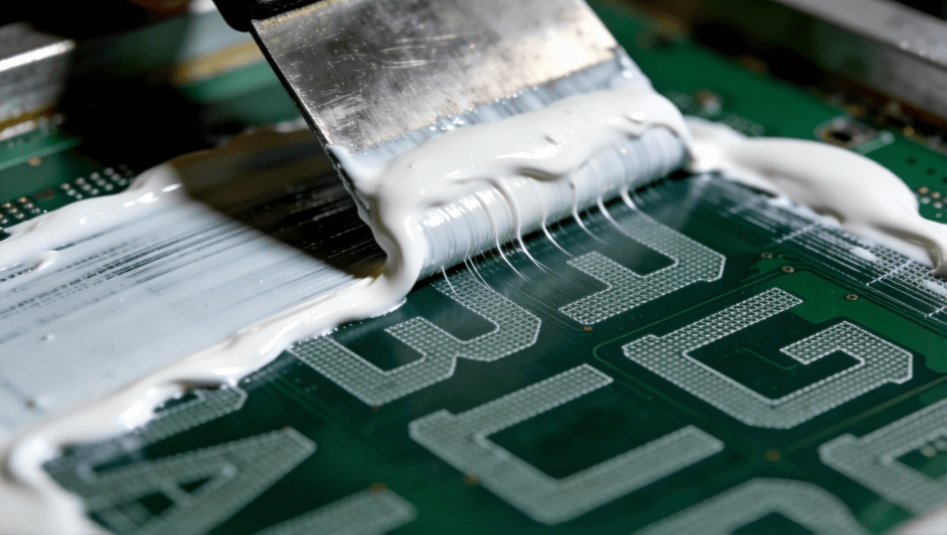 PCB板丝网印刷工艺核心步骤特写，展现高精度刮印技术