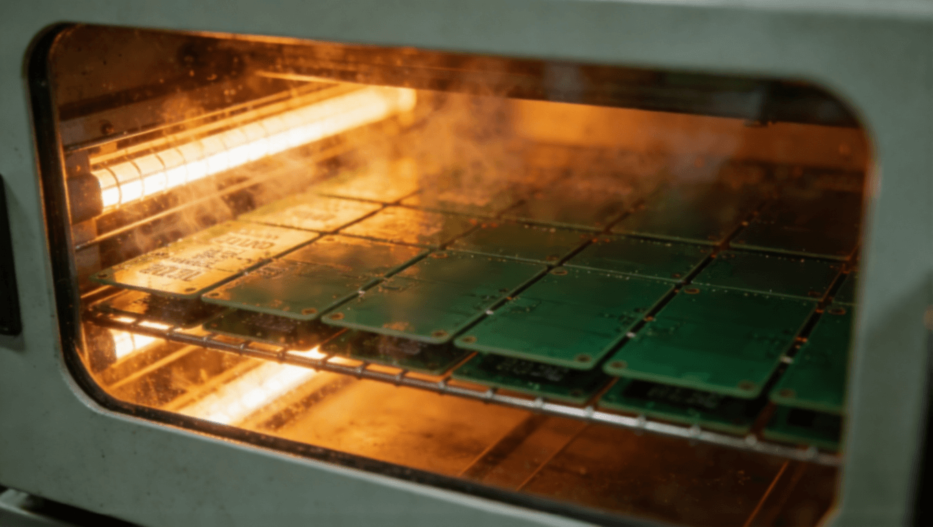 PCB丝印油墨高温固化工艺现场，电子制造热固化过程