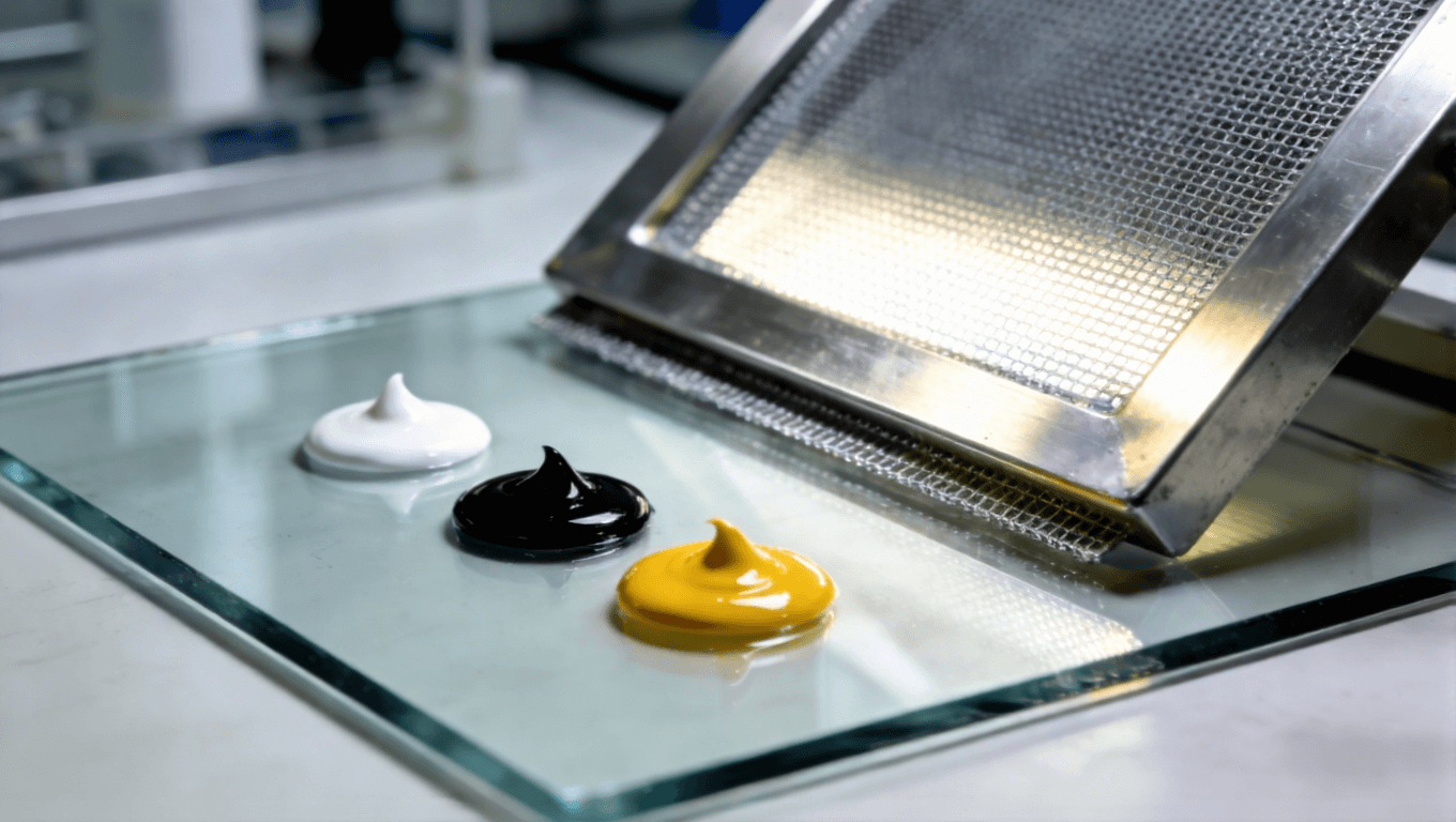 PCB丝印油墨选型与网版搭配专业场景，展示电子制造精密材料科学