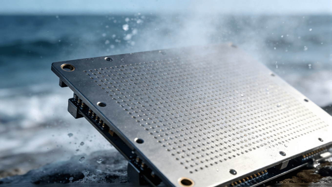 铝基板阳极氧化处理后的表面在沿海高盐雾环境中的表现，展现其耐腐蚀与金属质感