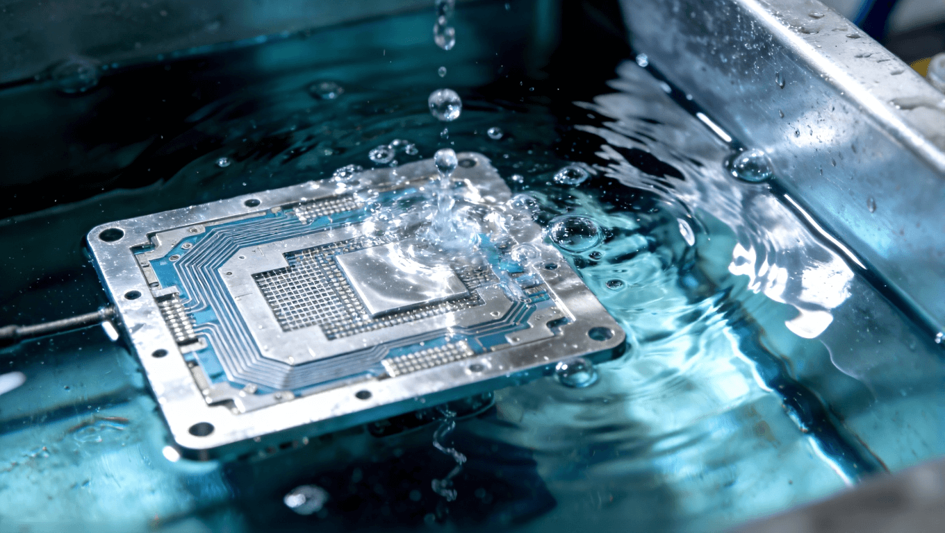 铝基板阳极氧化工艺中电解槽内的反应过程，展现电化学处理的精密与洁净