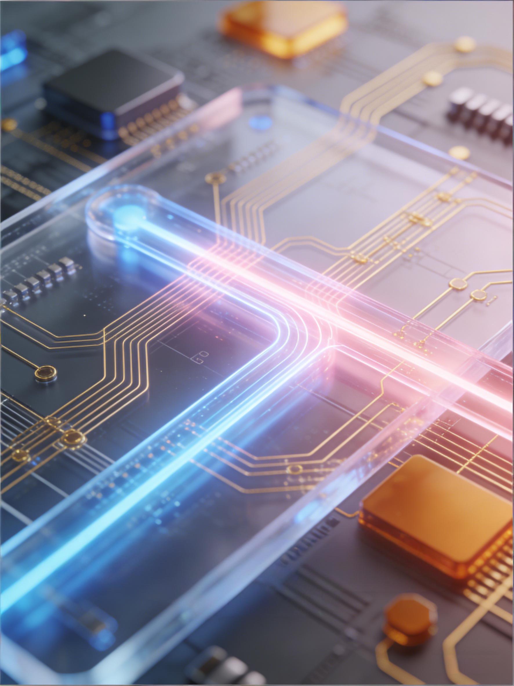 CPO光电共封装集成布局概念图,展示光波导与电路在硅光基板上的协同布局与信号融合 CPO光电共封装集成布局概念图,展示光波导与电路在硅光基板上的协同布局与信号融合