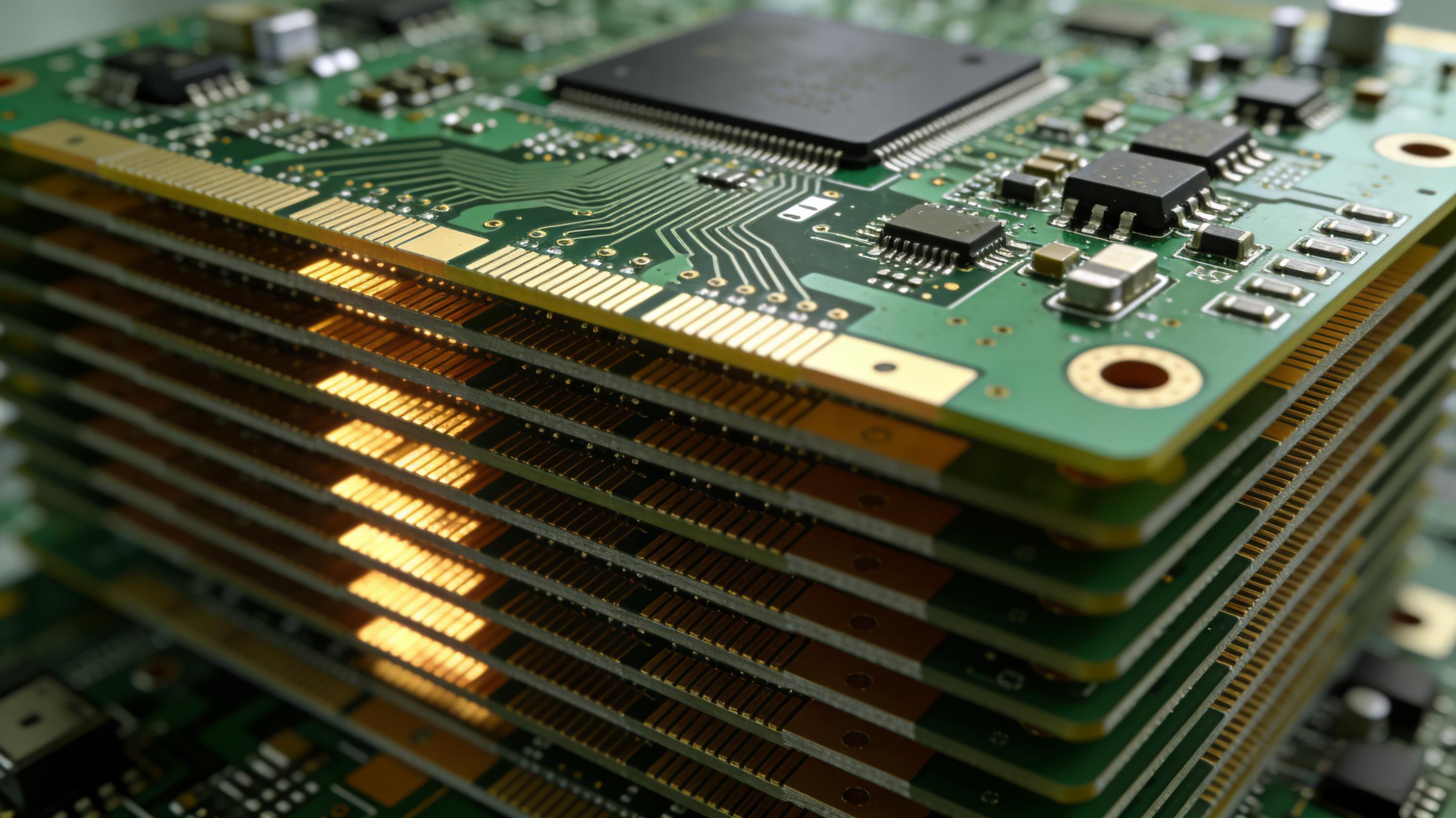 多层PCB层叠结构截面视图,信号层与接地层交替排列,展现阻抗稳定的传输环境 多层PCB层叠结构截面视图,信号层与接地层交替排列,展现阻抗稳定的传输环境