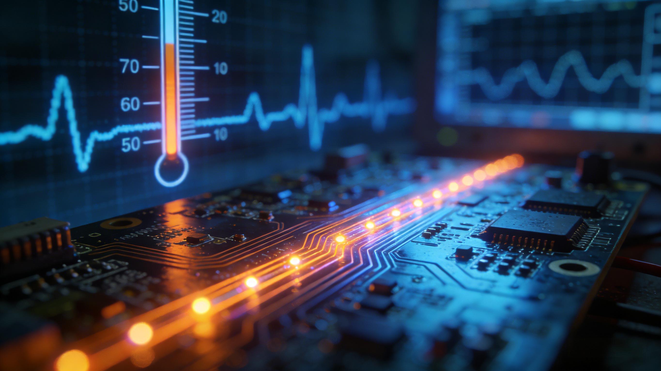 PCB热循环测试场景可视化,冷暖光影交替表现温度变化下信号稳定性测试 PCB热循环测试场景可视化,冷暖光影交替表现温度变化下信号稳定性测试