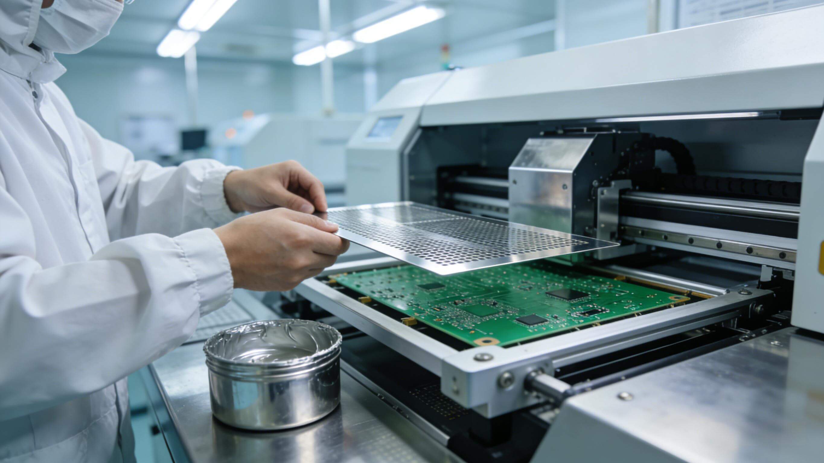 技术员在SMT产线上将电路板钢网精准安装到印刷机网框 技术员在SMT产线上将电路板钢网精准安装到印刷机网框