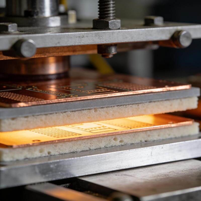 热覆层PCB工艺避坑:真空层压工序微距特写,强调介电层厚度与真空度对热阻和绝缘性能的关键影响 热覆层PCB工艺避坑:真空层压工序微距特写,强调介电层厚度与真空度对热阻和绝缘性能的关键影响