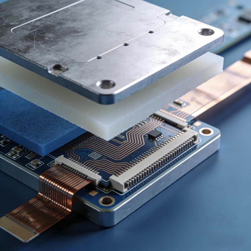 热覆层PCB选型与设计:工程师工作台上展示铝基板与铜基板结构细节,突出三层复合核心设计要素 热覆层PCB选型与设计:工程师工作台上展示铝基板与铜基板结构细节,突出三层复合核心设计要素