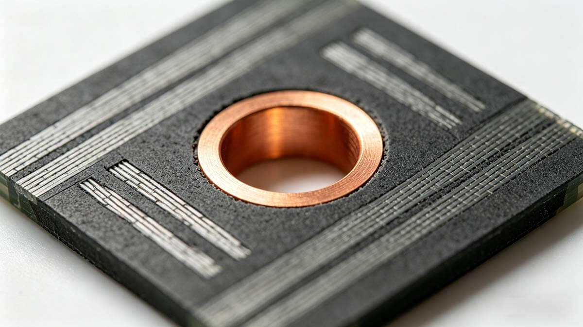 电路板镀通孔制造工艺流程：PCB切片在显微镜下展示的多层板镀通孔孔壁铜层连续覆盖形貌