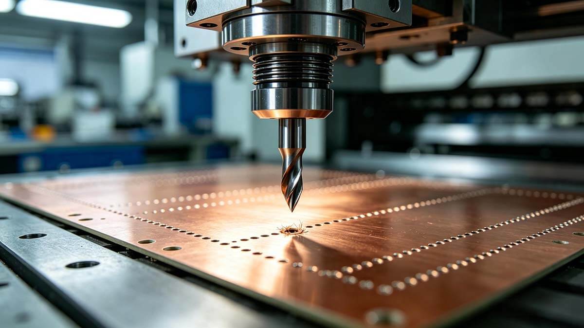 电路板镀通孔制造工艺流程：数控钻孔后PCB板面孔径入口的微观形貌实物特写照片