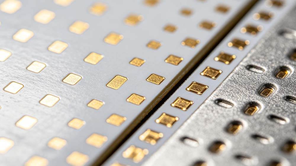 金属芯PCB投产细节与表面处理，白色阻焊与沉金工艺的微距对比特写